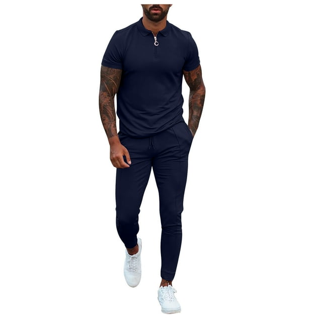 Birdeem Ensemble Décontracté pour Hommes Col Rabattu Fermeture Éclair Manches Courtes Pantalon Taille Élastique