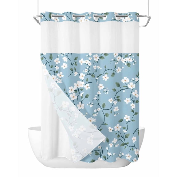 No Hook Shower Curtain with Snap-in Liner, White Blue Spring Floral Waterproof Fabric Bathroom Curtains, Farmhouse Flowers Summer Botanical Bath Curtains & Mesh Top Window Stall 48"x72"