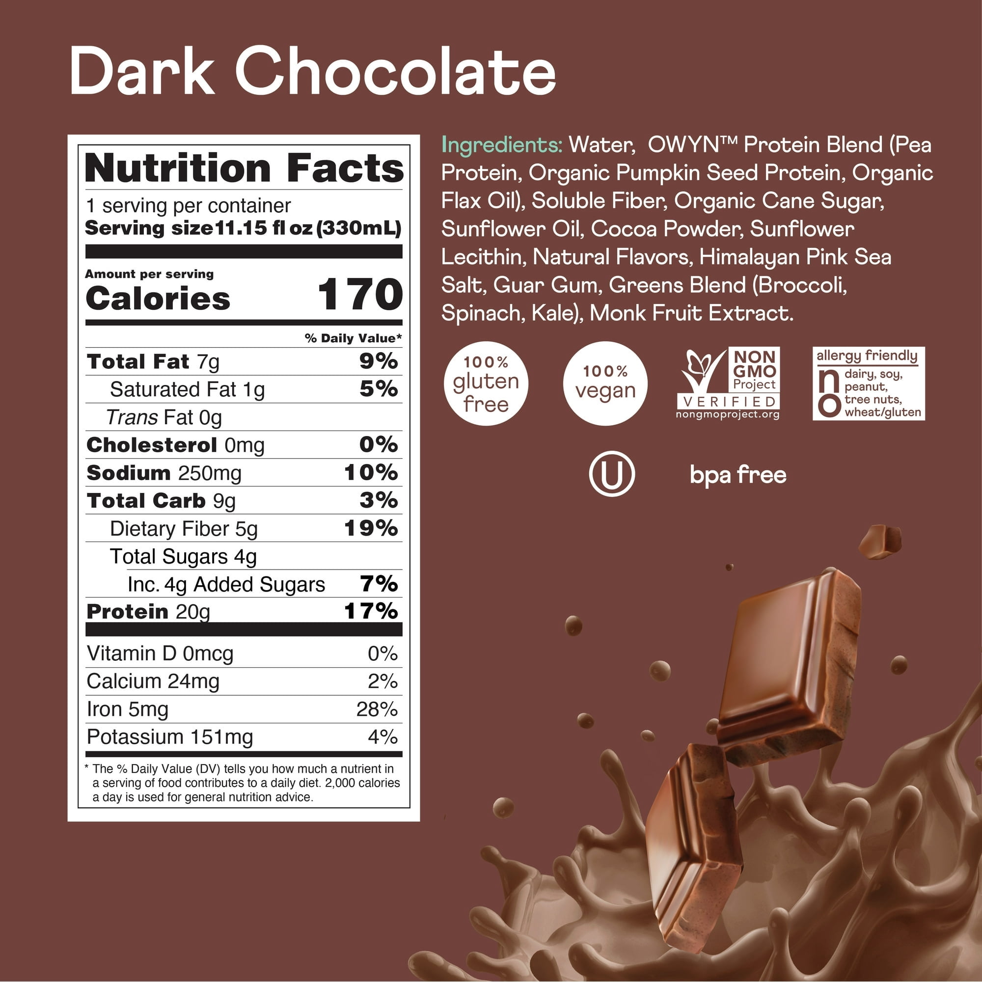 OWYN Plant-Based 20g Protein Shake, Dark Chocolate, 11.15 oz, 12 Count