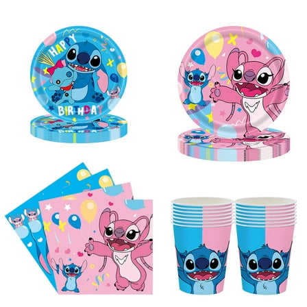 96PCS Aloha Cartoon Theme Birthday Party Decorations Tableware Paper Plates Napkins Cups Blue Pink Hawaiian Party Supplies Disposable Dinnerware Set Serve 24 Guests