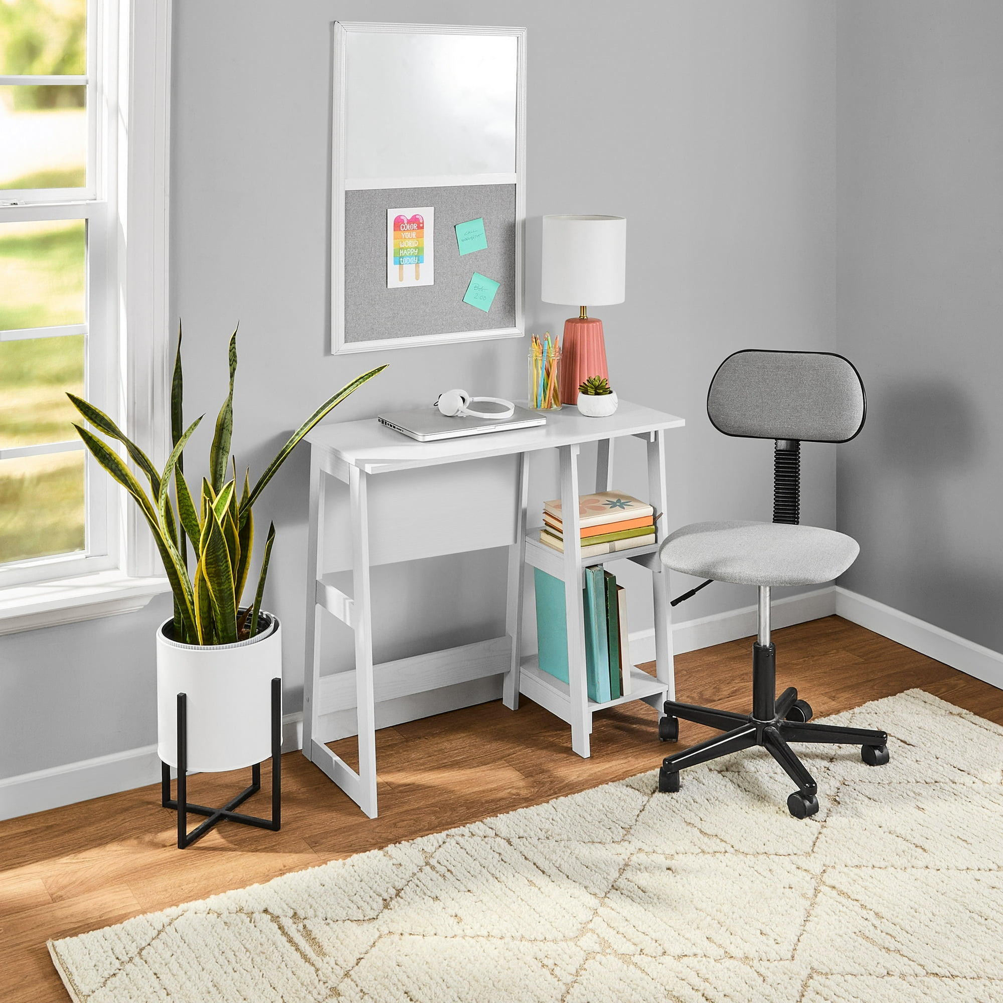 Mainstays Quick Assembly Desk with 2 Open Shelves, White Finish