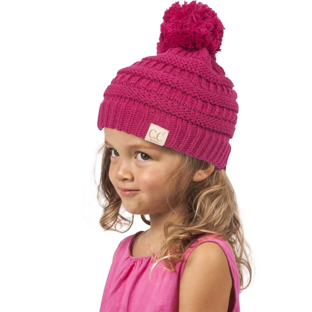Gravity Threads Kids Warm Cable Knit Thick Soft Beanie w/ Pom - Hot Pink