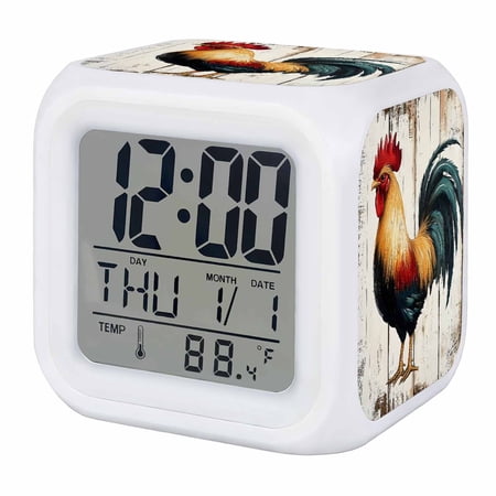 Farmhouse Rooster Digital Alarm Clock for Bedrooms, Smart LED Alarm Clock with 7 Color Changing Night Light, Vintage Farm Animals Green Red Silent Wake Up Clocks for Sleep Study Cooking 3.2x3.2