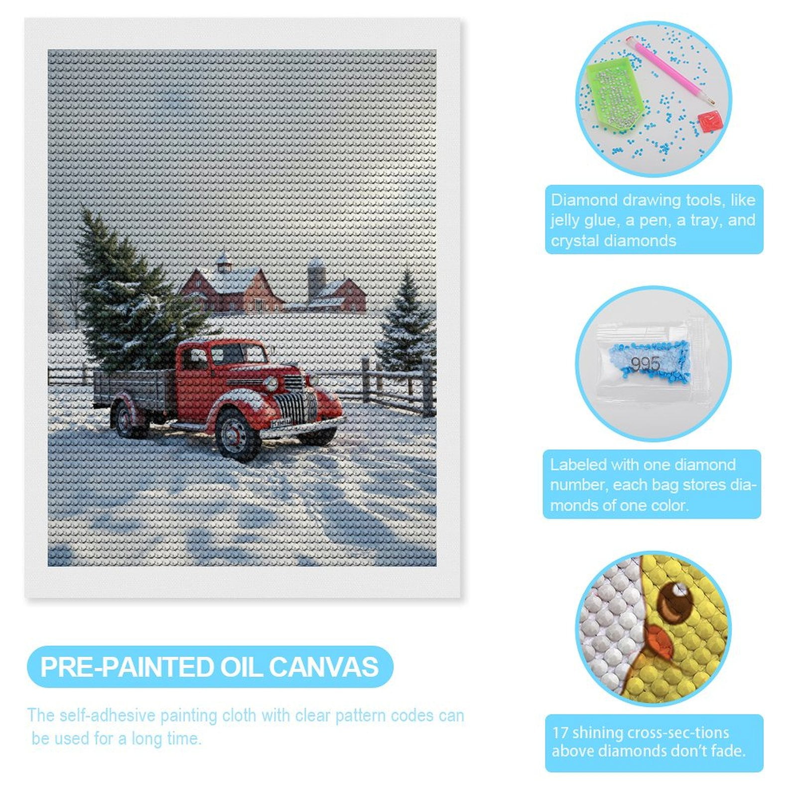 Diamond Art Kits for Adults, Red Truck Snowy Farm Landscape 5D Diamond Painting Kits for Adults Beginners, DIY Full Drill Diamond Painting, Gem Art and Crafts 12x16
