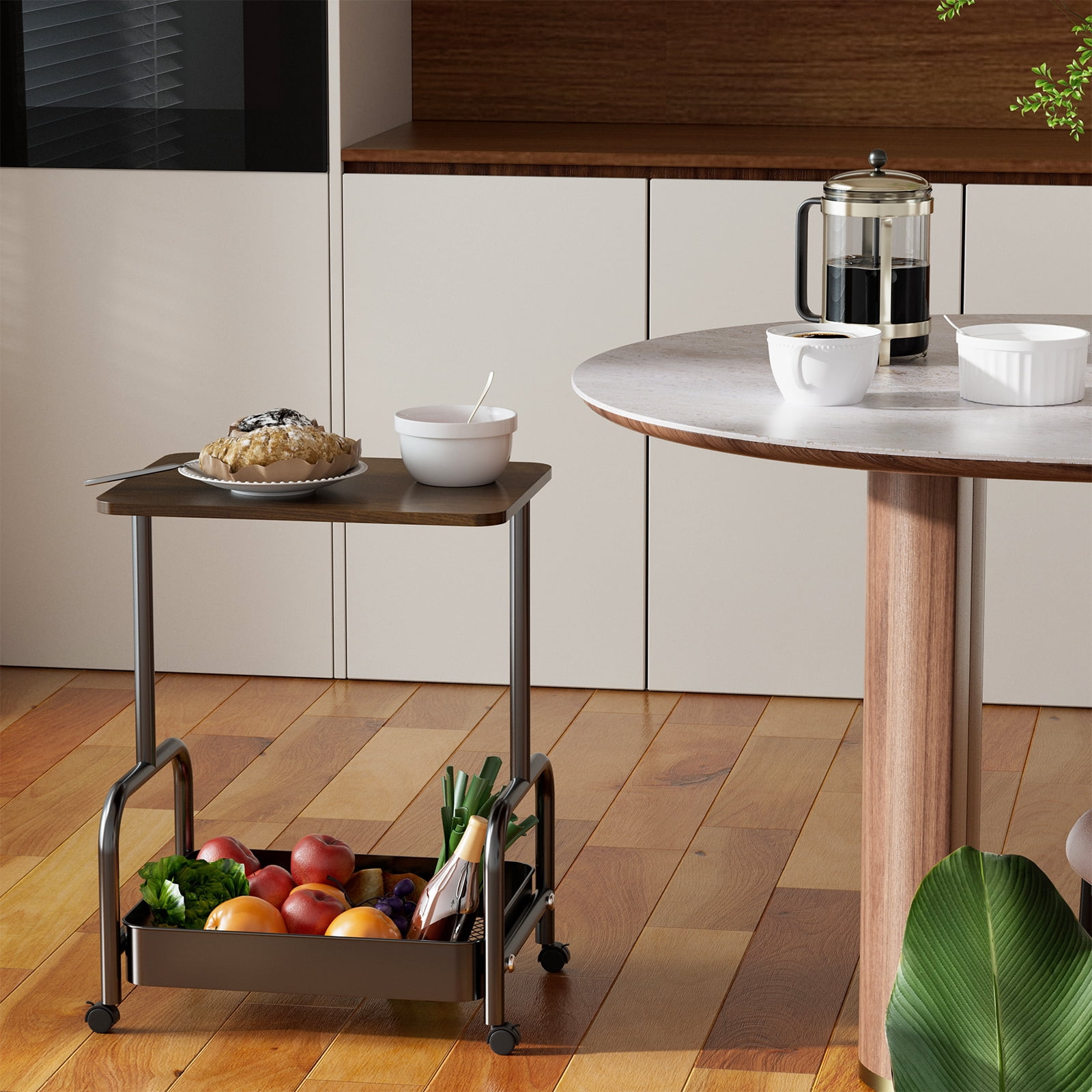 2-Tier/3-Tier Metal Rolling Utility Cart with Walnut Table Top, Lockable Wheels, Mobile Storage Organizer for Kitchen, Coffee Bar, Bathroom & Craft Room