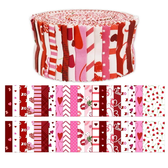 Soimoi 40Pcs Valentine Print Cotton Precut Fabrics For Quilting Craft Strips 2.5x42 inches Jelly Roll - Pink-White & Red