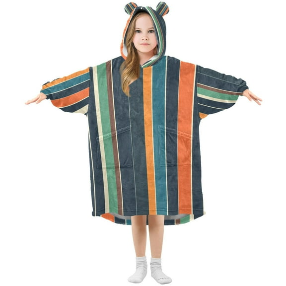 FORMRS Wearable Blanket Hoodie with Sleeves for Kids Cozy Flannel Sweatshirt, Navy Blue Stripes