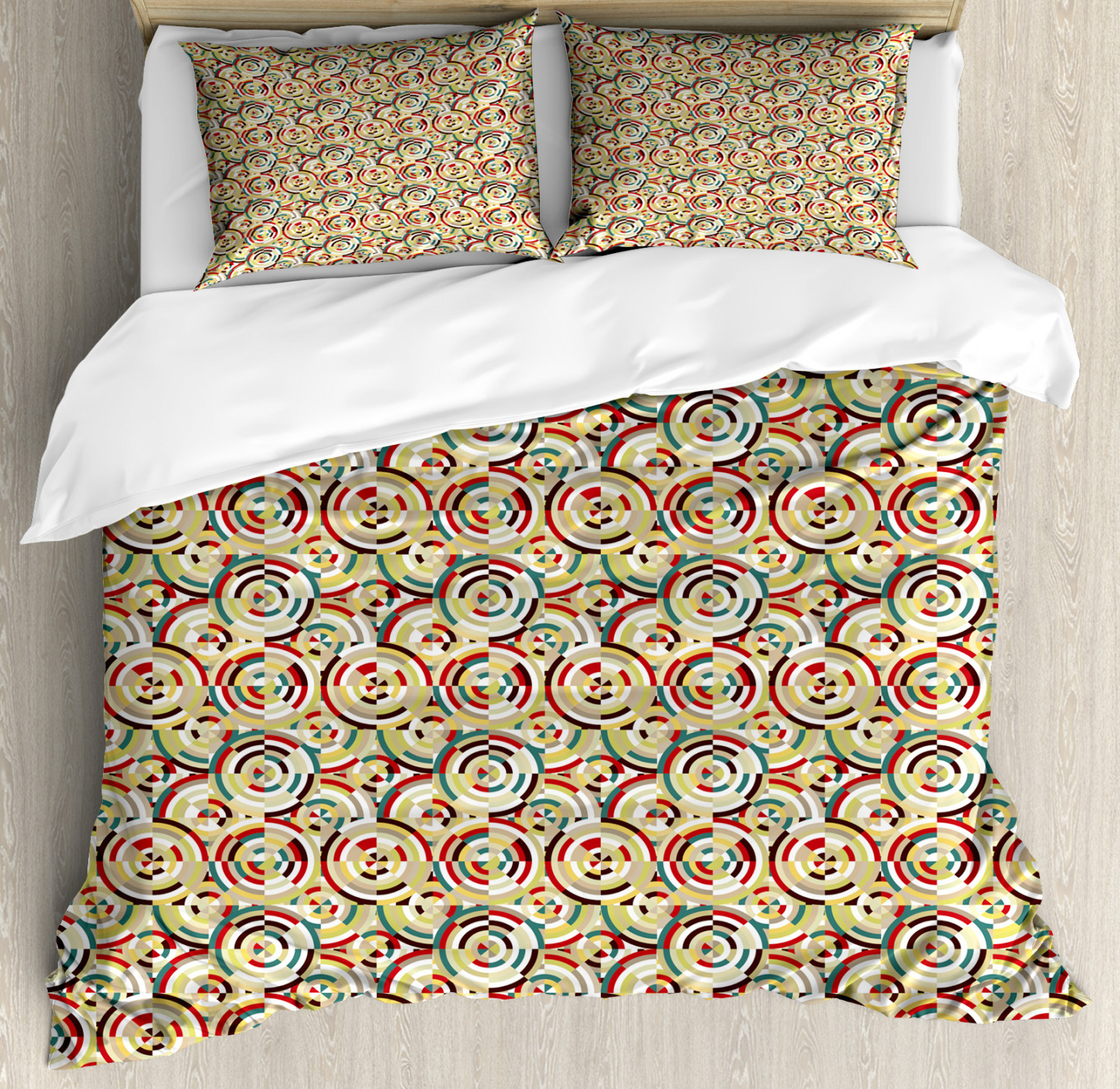 Geometric King Size Duvet Cover Set, Rhombuses Square Tiles and Circles