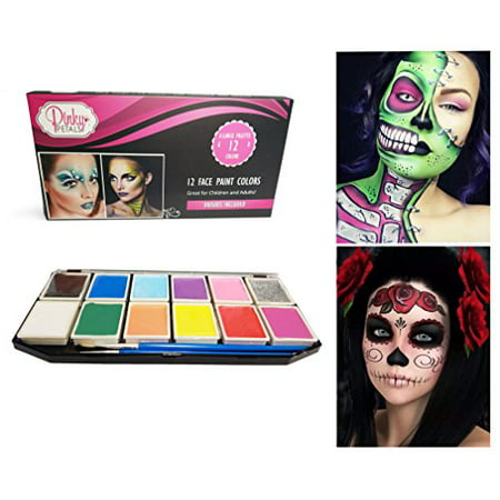 Face Paint Kit for Kids and Adults - 12 Colors XL Set with 2 Glitter Colors - 2 Brushes and 6 Stencils Included, Safe Water-Based Non-Toxic by Pinky Petals
