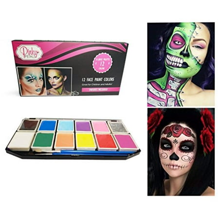 Kids Face Painting - Face Paint Kit for Kids and Adults - 12 Colors XL Set with 2 Glitter Colors - 2 Brushes and 6 Stencils Included, Safe Water-Based Non-Toxic by Pinky Petals