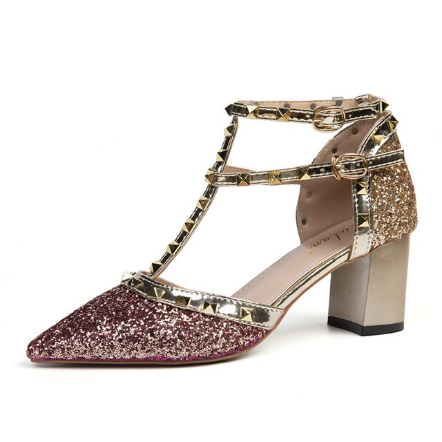 Sandalias de talla grande 42 para Mujer, zapatos con remaches, zapatos de boda ostentosos con punta en pico, zapatos de tacón para Mujer, zapatos de vestir con purpurina, Sandalias para Mujer Hollow34 Gao Jinjia LED