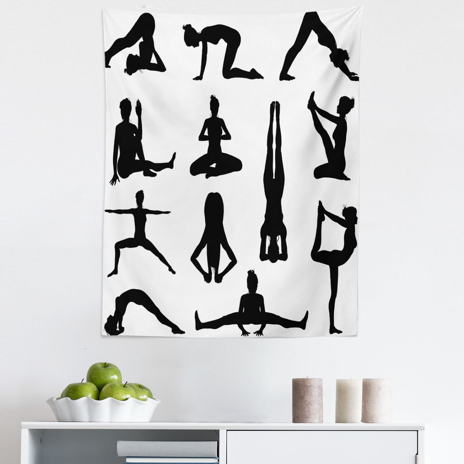 Yoga Tapestry, Various Yoga and Pilates Pose Silhouettes Asanas Prayanama Form Position Wellness