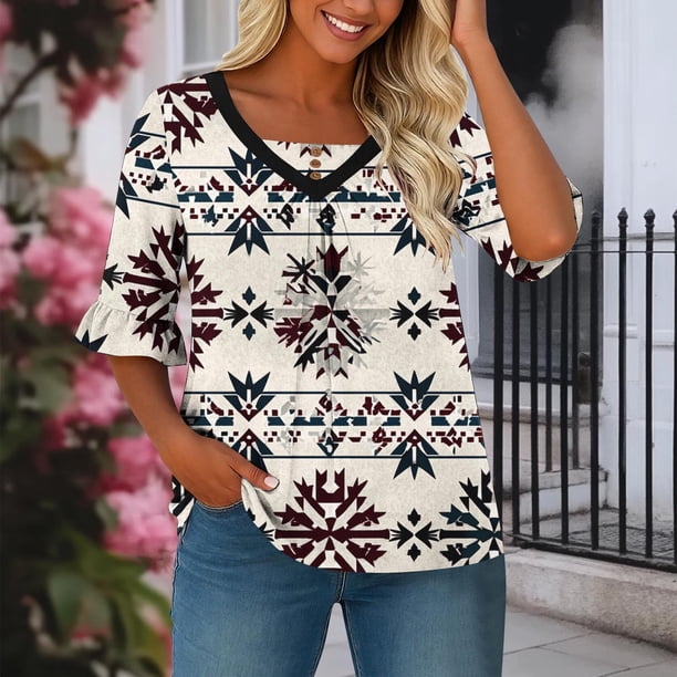TaTaai Women's Printed V-Neck Top Half Sleeve Flared Ruched Front Casual Summer Chic Blouse T-Shirt Daily Work Party Vacation Gift