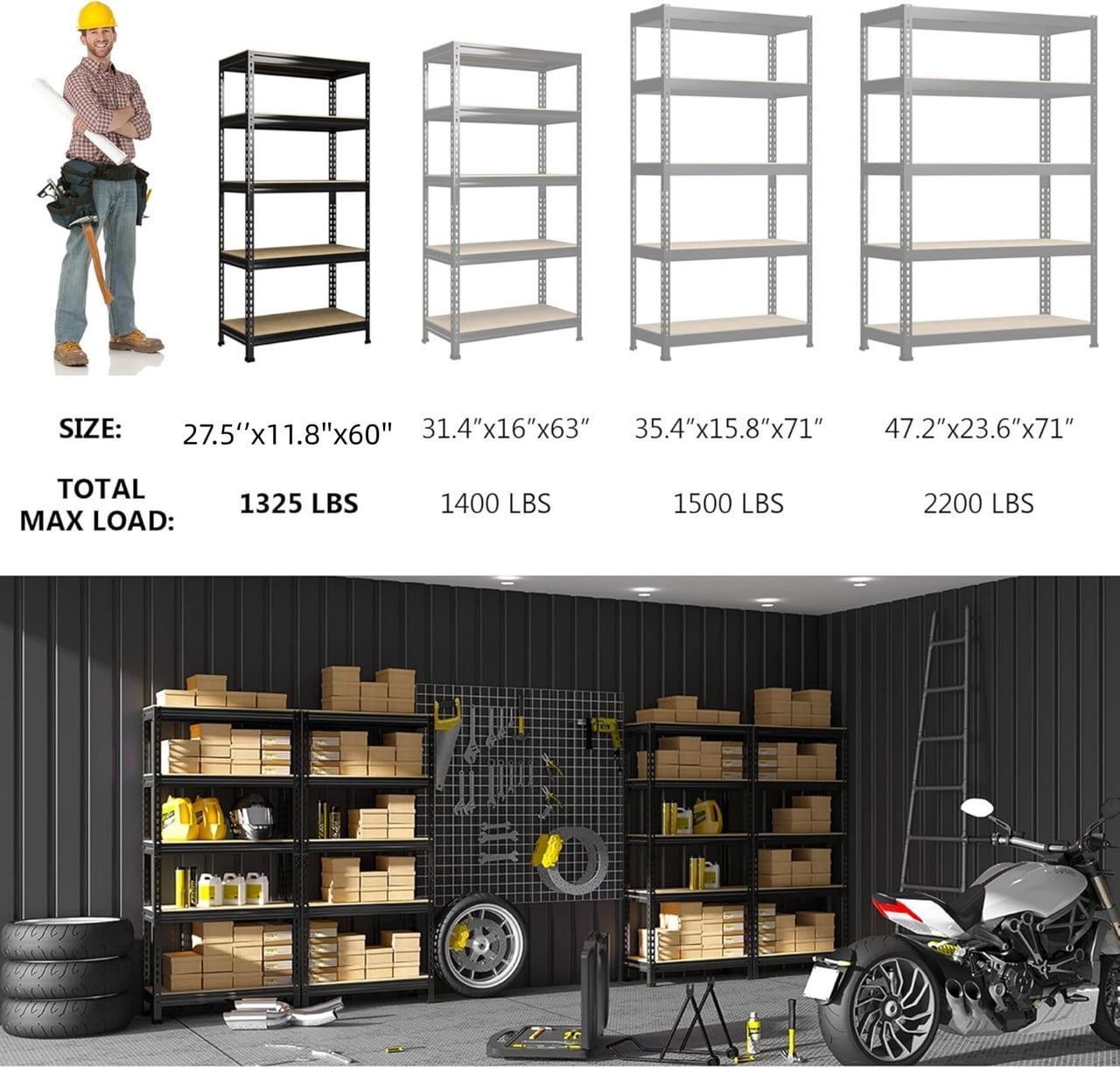 Garage Shelving Storage Shelves Heavy Duty 5 Tier Metal Shelving Units for Storage Adjustable Utility Shelf Rack, 27.5" W x 11.8" D x 60" H