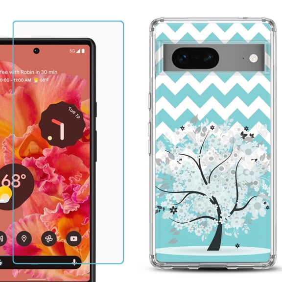 Slim-Fit Gel TPU Phone Case for Google Pixel 7, with Tempered Glass Screen Protector, by OneToughShield ® - Chevron/Tree
