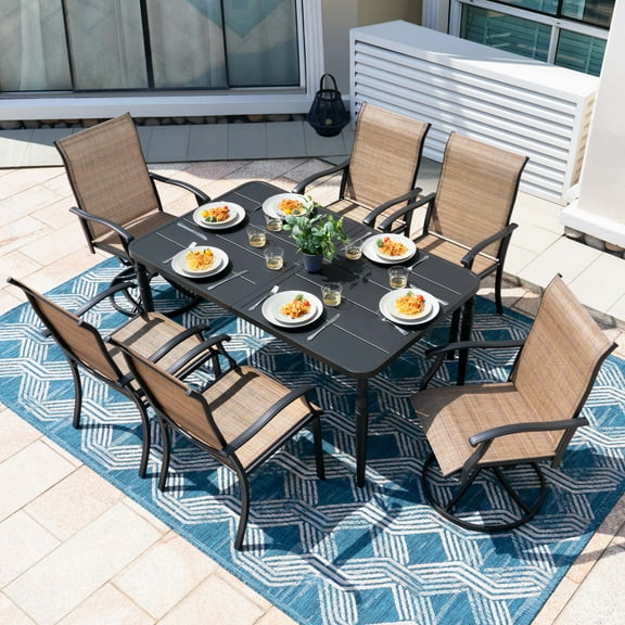 Nuu Garden 7-Piece Outdoor Metal Dining Set, Patio Dining Table Set with 2 Textilene Swivel Chairs and 4 Textilene Chairs,with Umbrella Hole and Powder-Coated Frame, Black and Brown