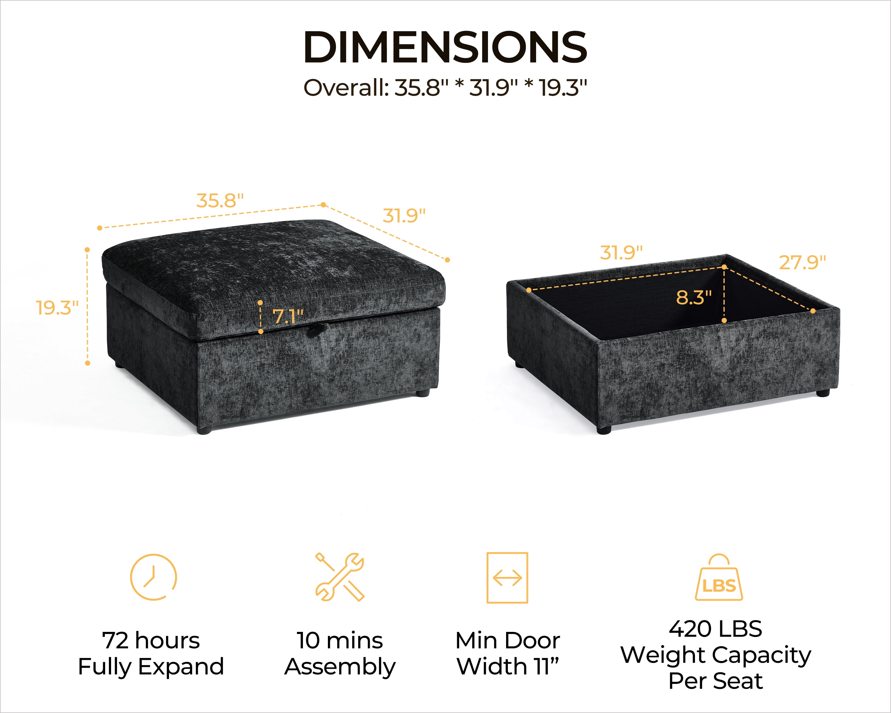BEDEEP Movable Storage Ottoman for Modular Sectional Sofa, Chenille Ottoman with Storage for Living Room, Black