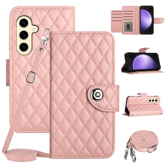 SaniMore Case for Samsung Galaxy S24, PU Leather 3D Lattice Stylish for Girls Crossbody Lanyard Flip Kickstand Card Slots Cash Pocket Magnetic Clasp Full Protective Shockproof Wallet Shell, Coralpink