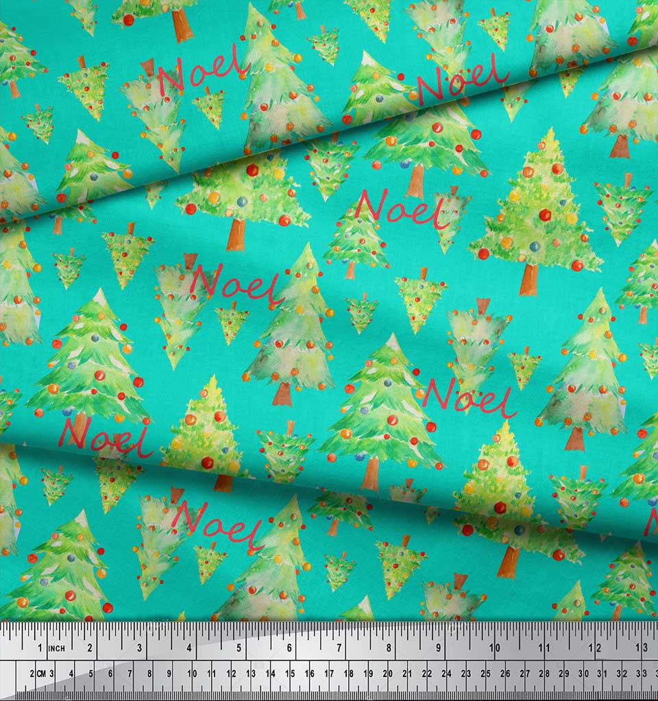 Soimoi Green Japan Crepe Satin Fabric Text & Christmas Tree Print Sewing Fabric Yard 42 Inch Wide