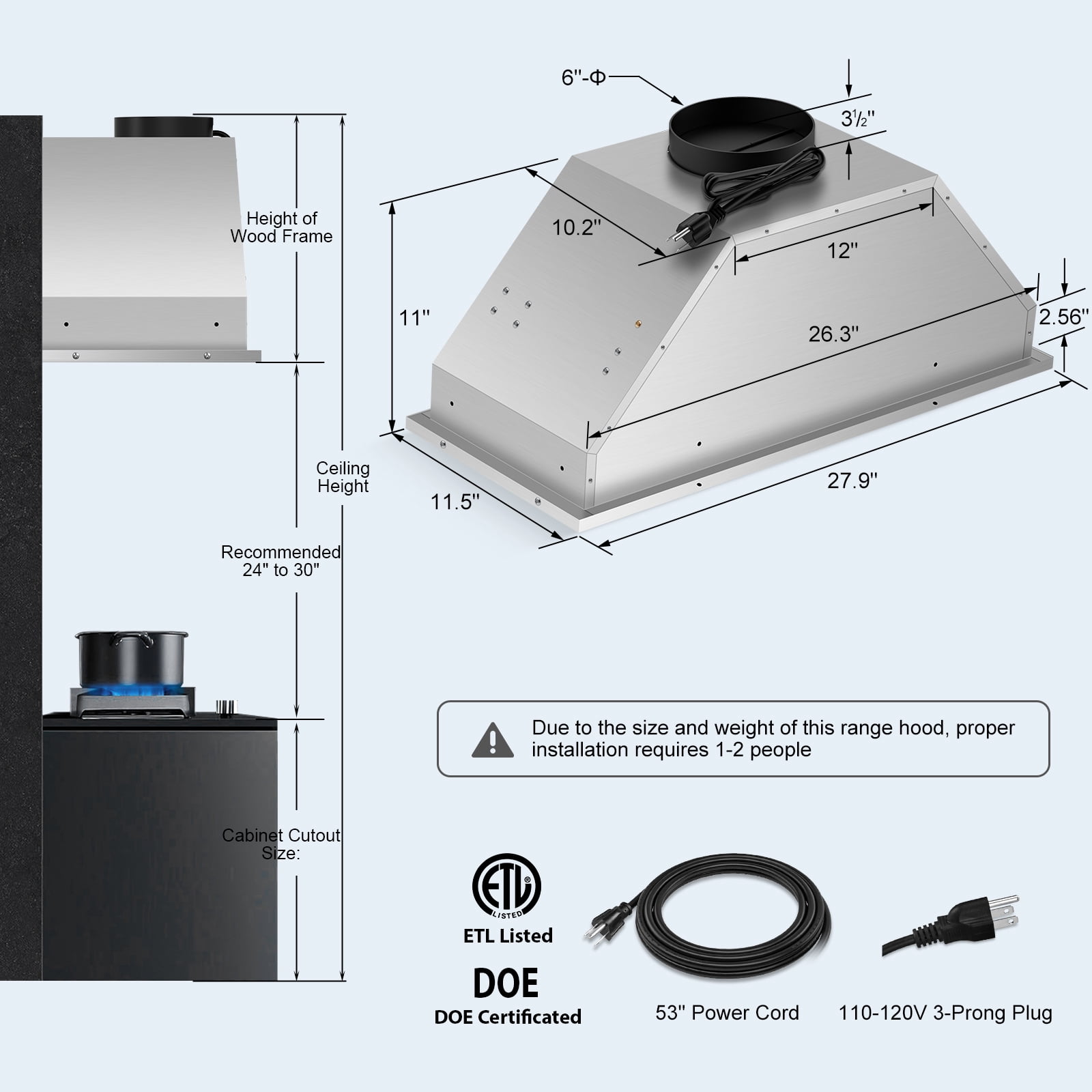 30 inch Built-in/Insert Range Hoods,600 CFM Ducted/Ductless Stainless Steel Kitchen Vent Hood with 3 Speed Gesture Sensing&Touch Control Panel