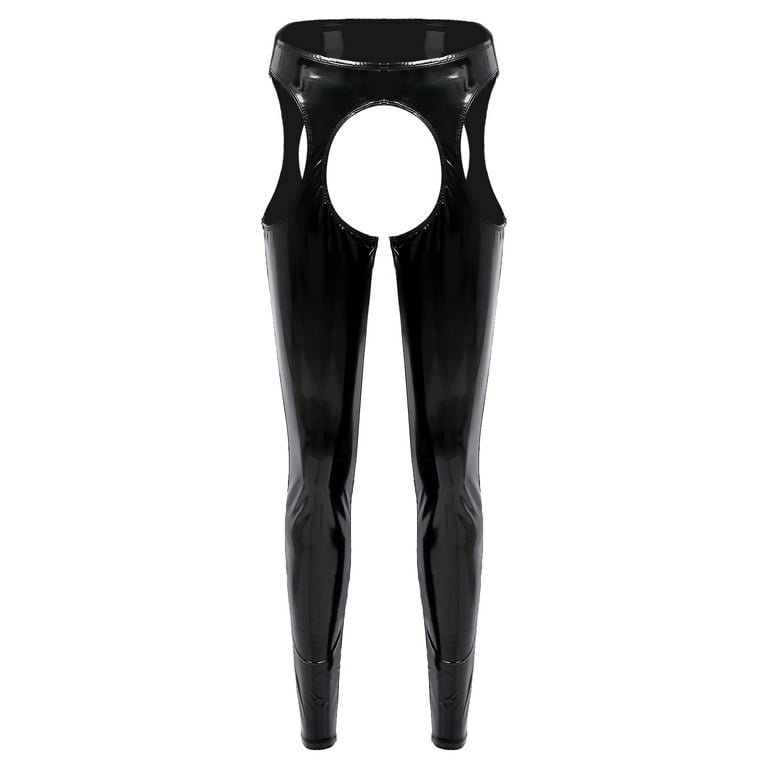 YONGHS Women's Patent Leather Hollowing Out Bottoms Leggings Long Assless  Chaps Pants Black M