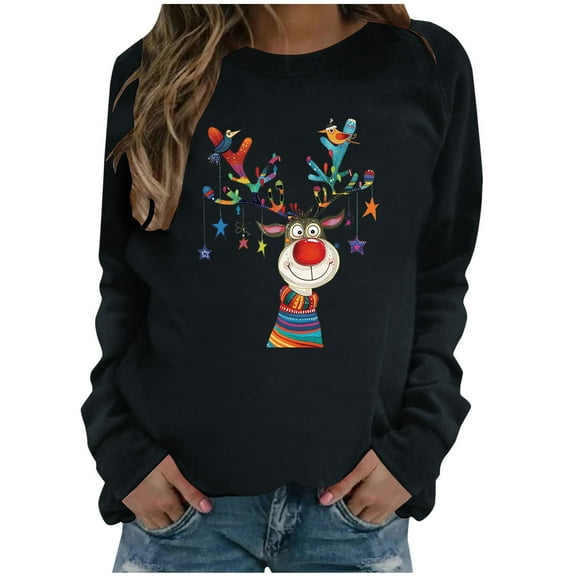 miqiqism Women's Ugly Christmas Shirts Merry Christmas Reindeer Print Thin Sweatshirts Juniors Crewneck Long Sleeve Holiday Pullovers Tops Blouses,B#01_Black,XX-Large