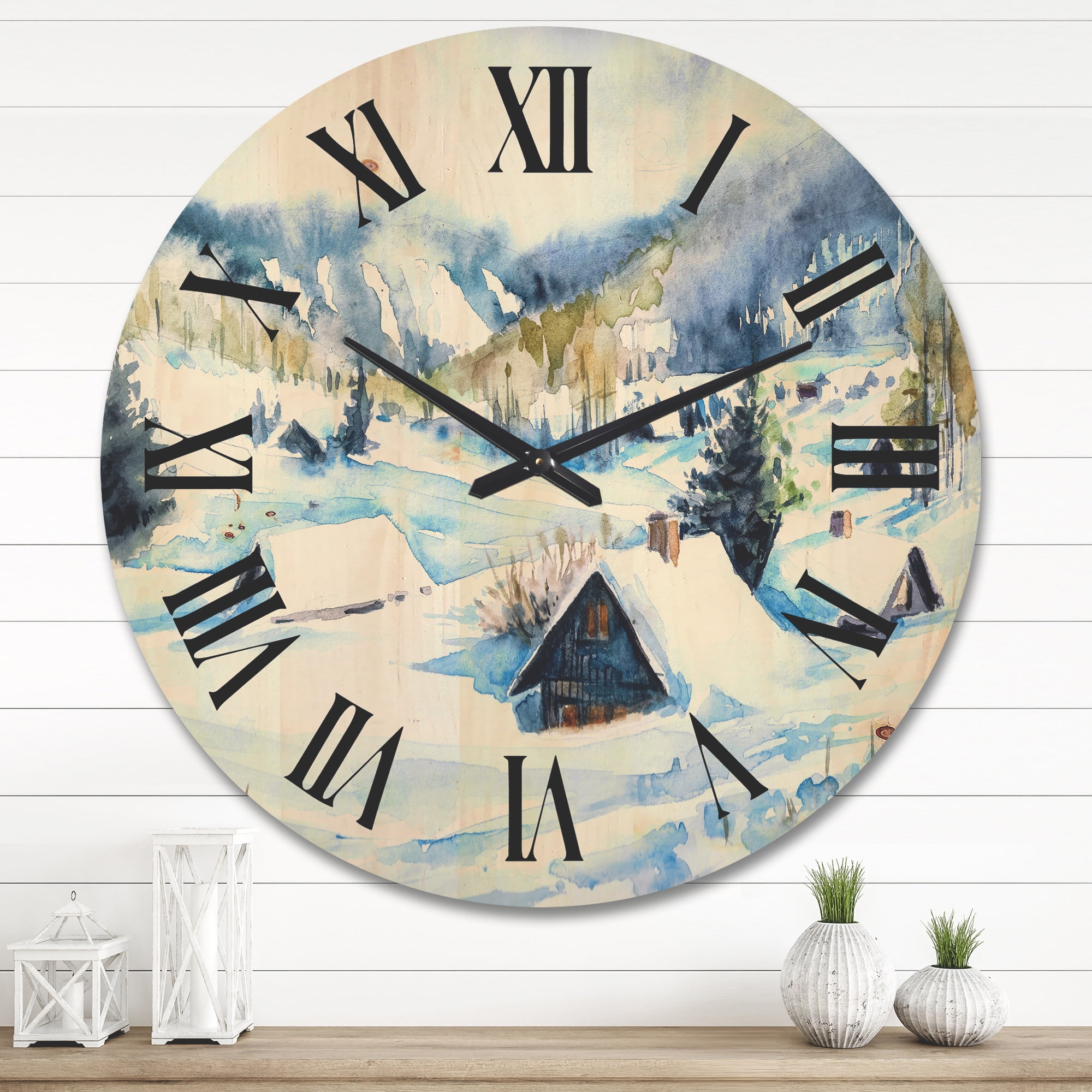 Designart 'Winter In Mountain Village' Traditional Wood Wall Clock