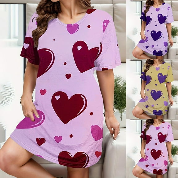 ZZwxWA Women's Plus Size Dresses Valentine's Day Pajamas Casual Sleep Dress Heart Print Short Sleeve Round Neck Loungewear