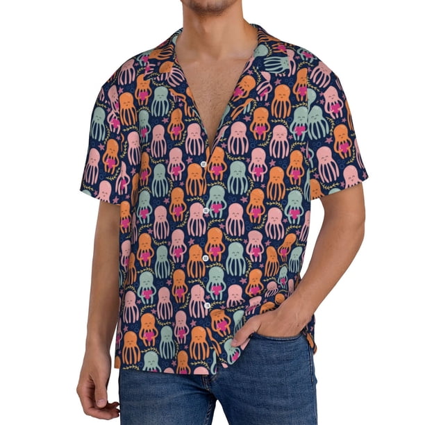 Fotbe Octopus in love Camisa Estampada de Manga Corta para Hombre, Casual de Verano, Estilo Playero, Sin Arrugas-X-Large
