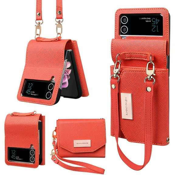 Compatible with Samsung Galaxy Z Flip 4 Wallet Case with Lanyard Strap PU Leather Shockproof Women Girls Case-Orange