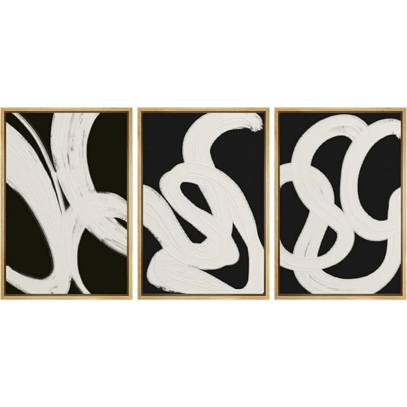 Wall26 Framed Prints Canvas Wall Art Set of 3 Black & White Paint Stroke Landscape Abstract Geometric Illustrations Decorative Bohemian Multicolor Home Wall Decora - Natural 24"x36"x3