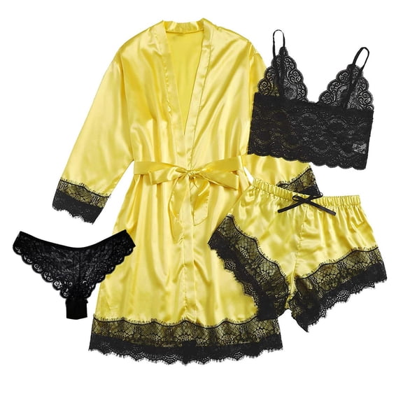 Womens Soft Pajama Clearance- Sexy Lace Silk Satin Bathrobes Plus Size Robe Sleepwear Yellow Size 2XL