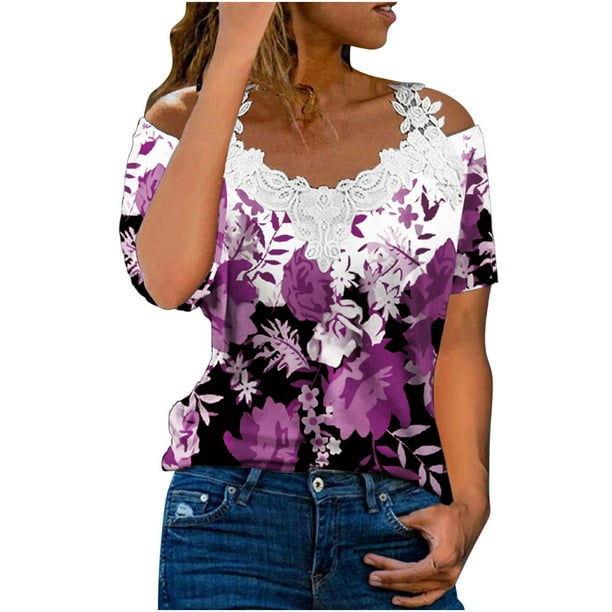 Blusa informal de manga corta con cuello en V y encaje con hombros descubiertos para mujer OAVQHLG3B Store lin121212