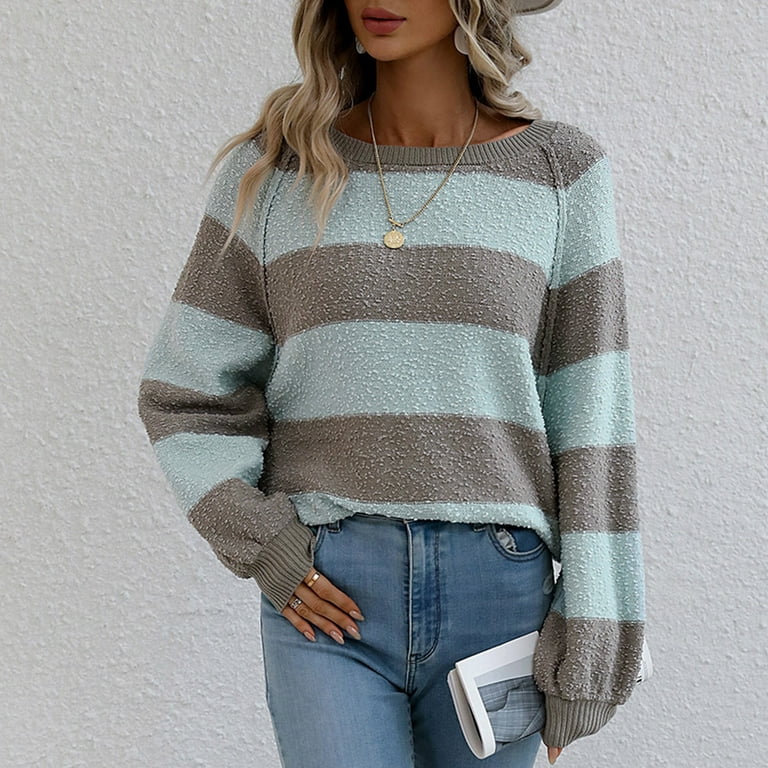 Sweaters For Women, Sweater Women, Women's Cardigans Cheetah Sweater  Cardigan Autumn And Winter Splicing Knit Sweater Round Neck Long Sleeve  Striped
