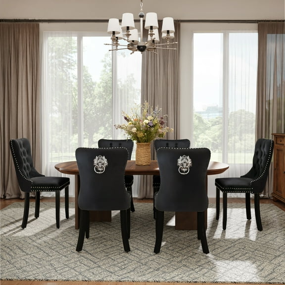 DONICK Velvet Upholstered Dining Chair Set of 6,Modern Tufted Kitchen Chairs Nailhead Lion Pull Ring Black Wood Legs(Black)