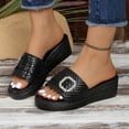 thumbnail image 2 of hlysgo Women's Croc Embossed Open Toe Wedge Heel Mule Slides Rhinestone Square Buckle Elegant Daily Sandals Black 5.5, 2 of 6