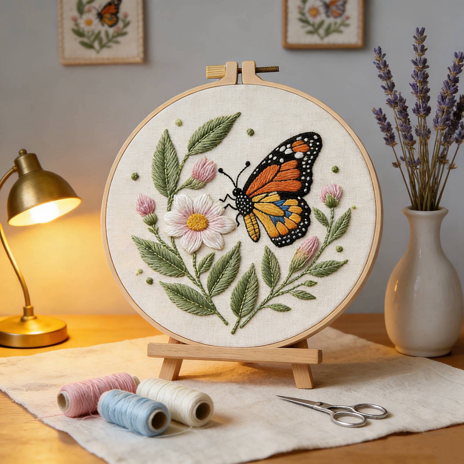 3PCS Flowers Embroidery Kits for Beginners Adults, Butterfly Hand Embroidery Starter Kits, Floral Cross Stitch Kits for Beginner Needlepoint DIY Kits for Adult, Embroidery Hoops, Thread