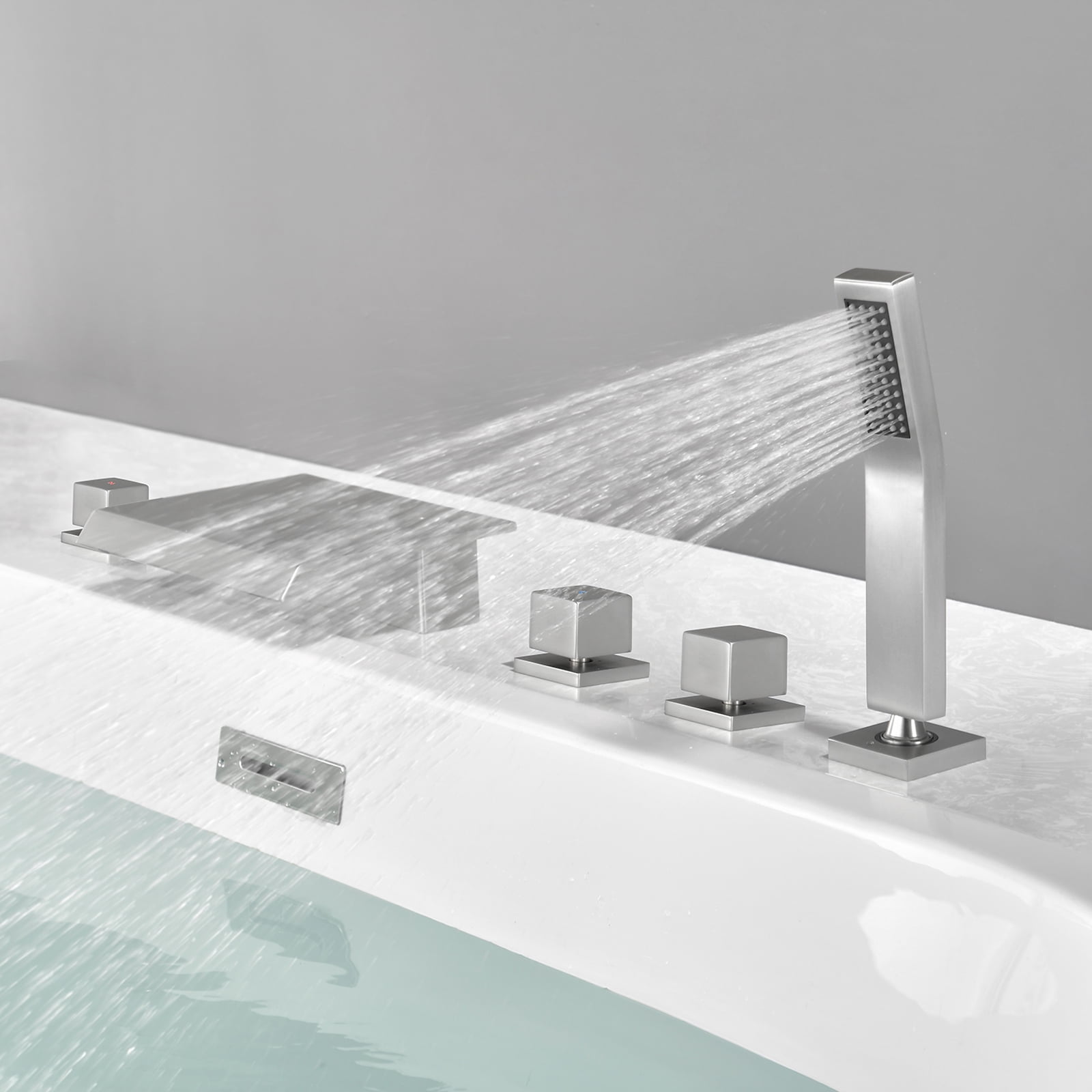 Cobbe 5-Hole Deck Mount Bathroom Bathtub Faucet with Hand Shower, 7.87-Inch and Wide Waterfall Spout Brushed Nickel
