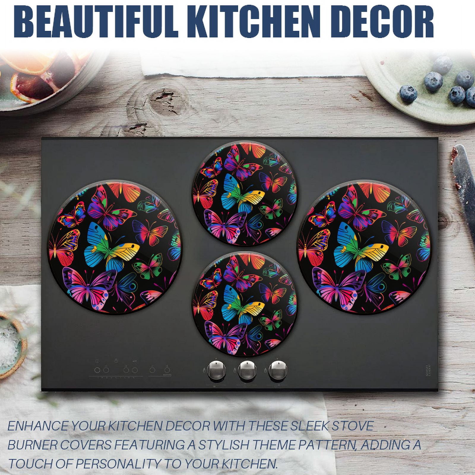 BaHomeck Electric Stove Burner Covers Set of 4,Round Metal Gas Stove Burner Covers 8 Inch and 10 Inch,Kitchen Decor,Colorful Butterflies Each With Unique Design And Color Palette