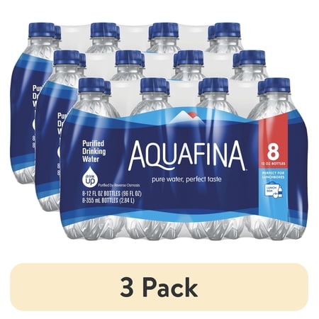 (3 pack) Aquafina Purified Drinking Water, 12 fl oz, 8 Pack Plastic Bottles