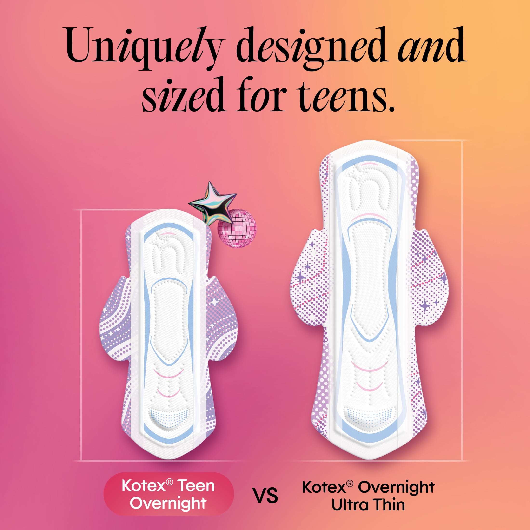 (2 pack) Kotex Ultra Thin Teen Overnight Period Pads with Wings, Heavy Absorbency, 22 Count