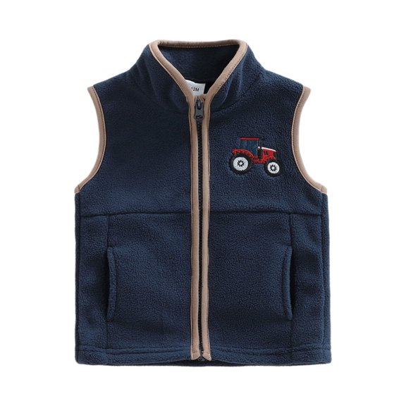 RUINIXCW Toddler Baby Boy Girl Thin Fleece Vest Jacket Infant Boy Spring Fall Winter Clothes Zip Stand Collar Tractor Embroidery Sleeveless Jacket Pocket