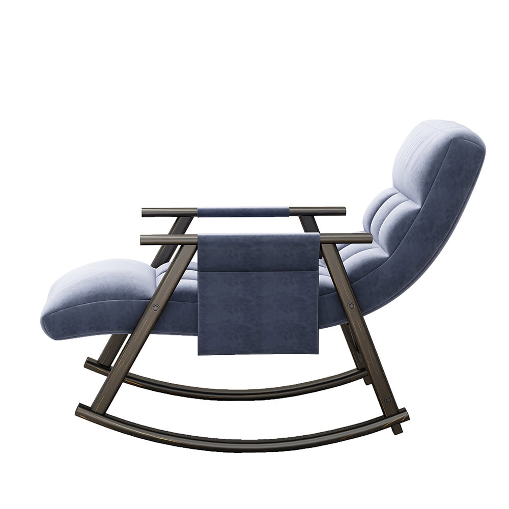 Accent Folding Rocking Recliner Chair with Side Pocket, Upholstered Nursery Glider Chair with 5 Adjustable High Back for Living Room Bedroom Balcony, Blue