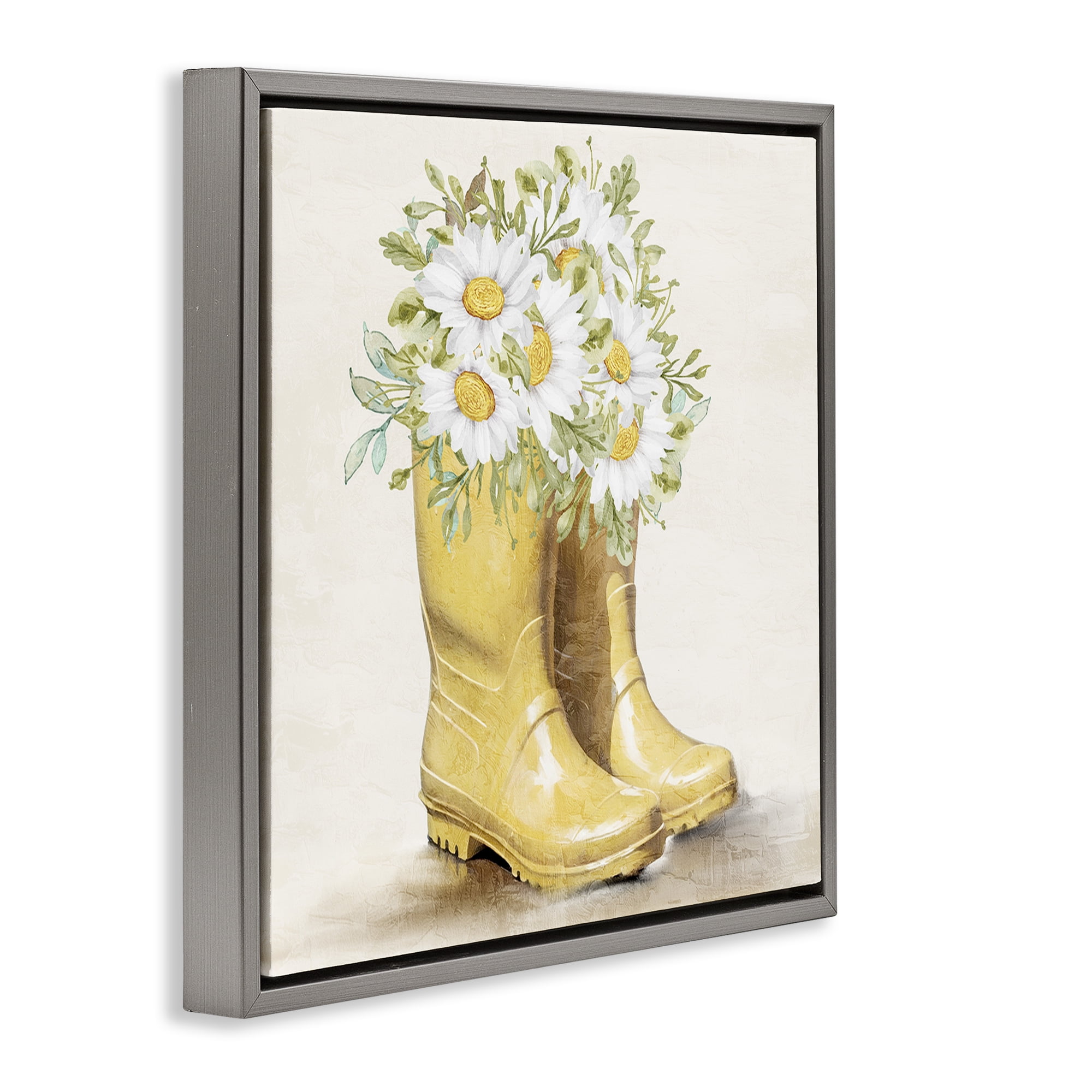 Stupell Industries Sunny Garden Boots Botanical & Floral Painting Gray Floater Framed Canvas Art Print Wall Art, 18 x 18
