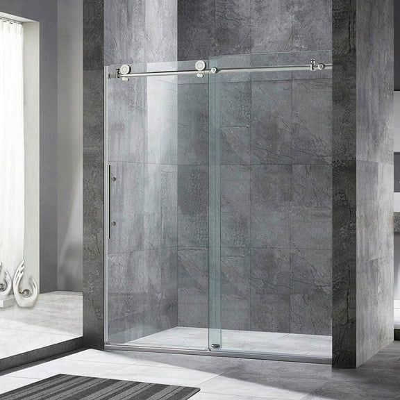 WOODBRIDGE Frameless Sliding Shower Door, 44" - 48" Width, 76" Height, 3/8" (10 mm) Clear Tempered Glass, Brushed Nickel Finish, Designed For Smooth Door Closing. MBSDC4876-B