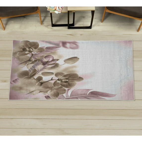 Tropical Decorative Rug, Exotic Orchids Blossom Leaves on Blurred Background Floral Themed Modern Art, Quality Carpet for Bedroom Dorm and Living Room, 6 Sizes, Pale Salmon, by Ambesonne