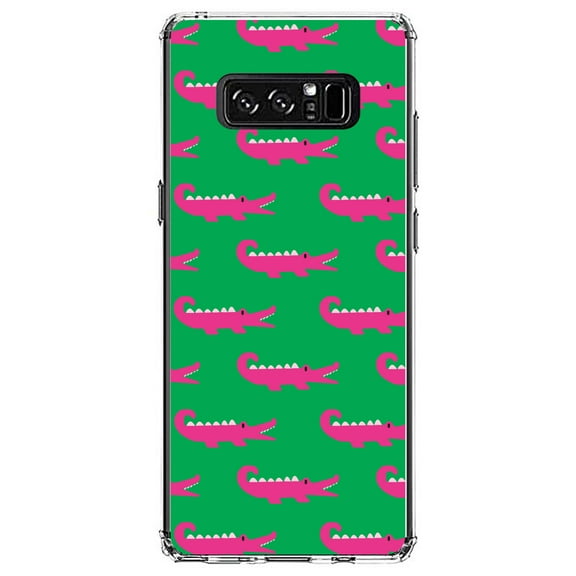 DistinctInk Clear Shockproof Hybrid Case for Samsung Galaxy Note 8 - TPU Bumper, Acrylic Back, Tempered Glass Screen Protector - Green Pink Alligators - Cartoon Alligators