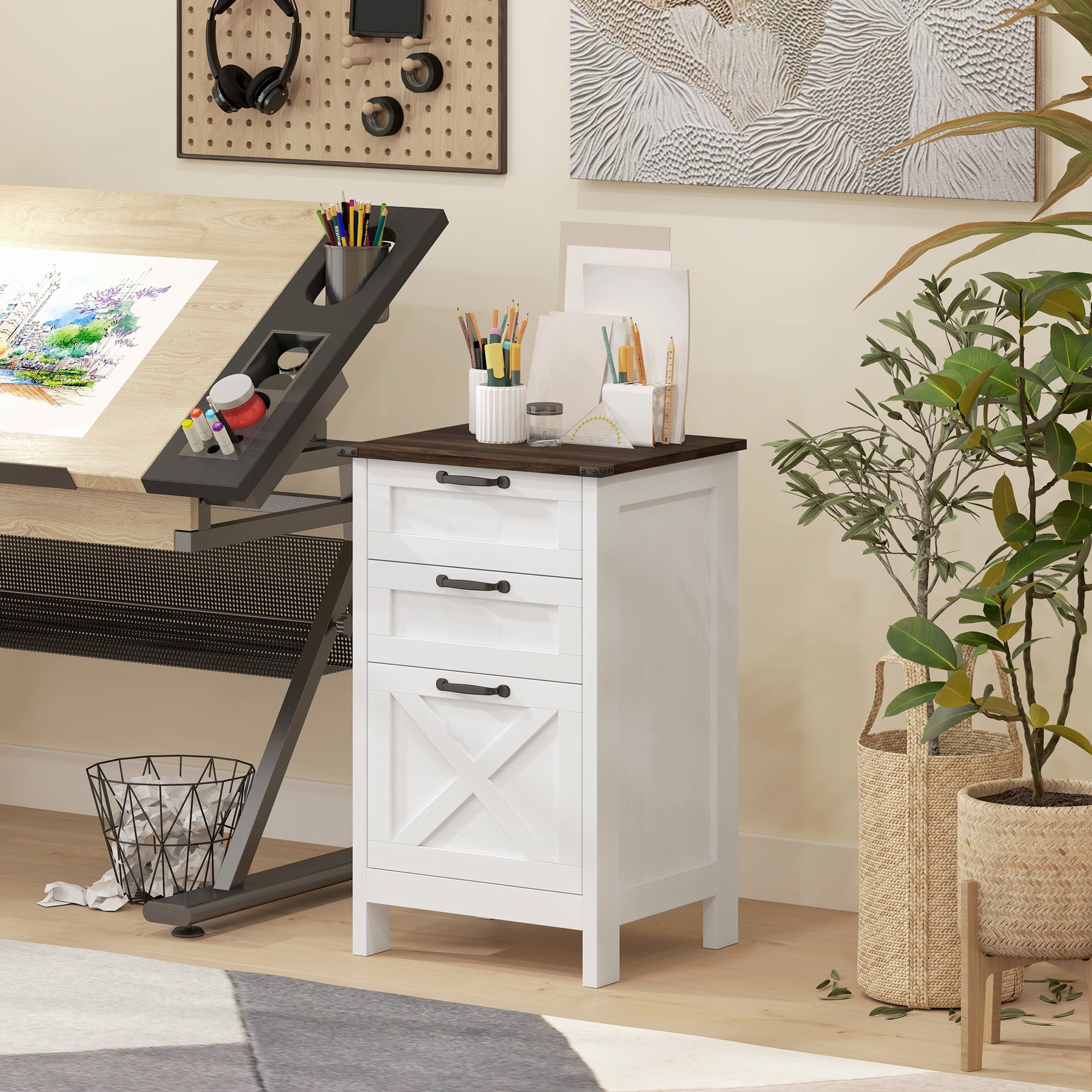 HOMCOM 3 Drawer File Cabinet, Filing Cabinet for Hanging A4/Letter Size, Farmhouse Printer Stand with Storage for Home Office, Distressed White