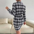 thumbnail image 3 of Vestido camisero Manga larga Solapa Cintura alta Anudado Paquete de rejilla informal Falda a la cadera para mujer Blanco y negro L, 3 of 7