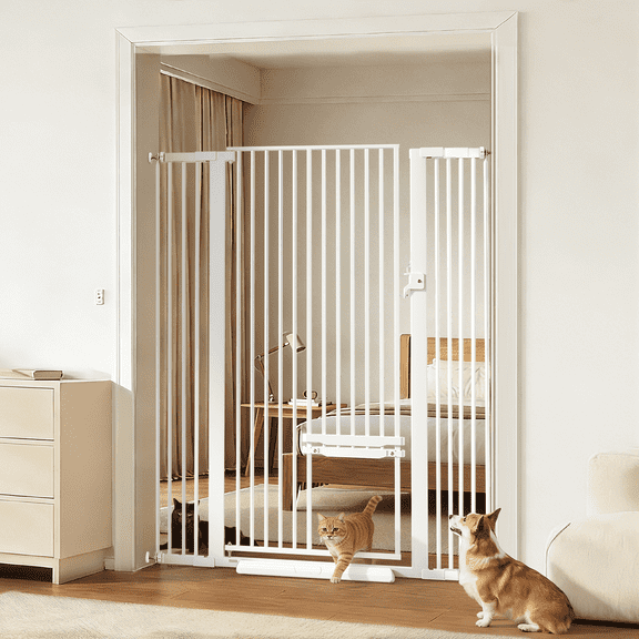 Cat Gate,Caveen 55"Extra Tall Pet Dog Gate with Cat Door, 29.5''-43''Wide Gate for Cats,Walk Through Indoor for Doorways,White